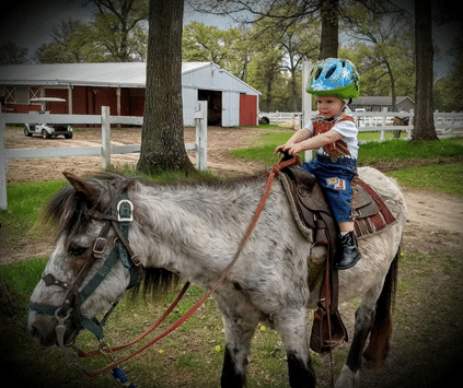 A small boy is riding a pony while visting Wolf Lake Ranch.