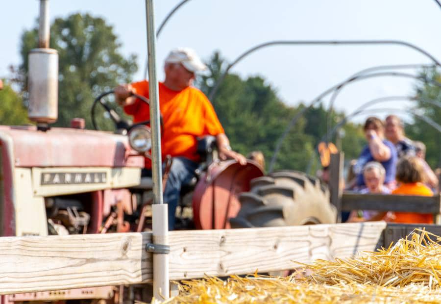 Families enjoying fall activities in Grand Rapids at Post Family Farms on a tractor ride.