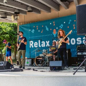 Band playing music at Relax at Rosa event in Grand Rapids Michigan's Rosa Parks Circle 2022